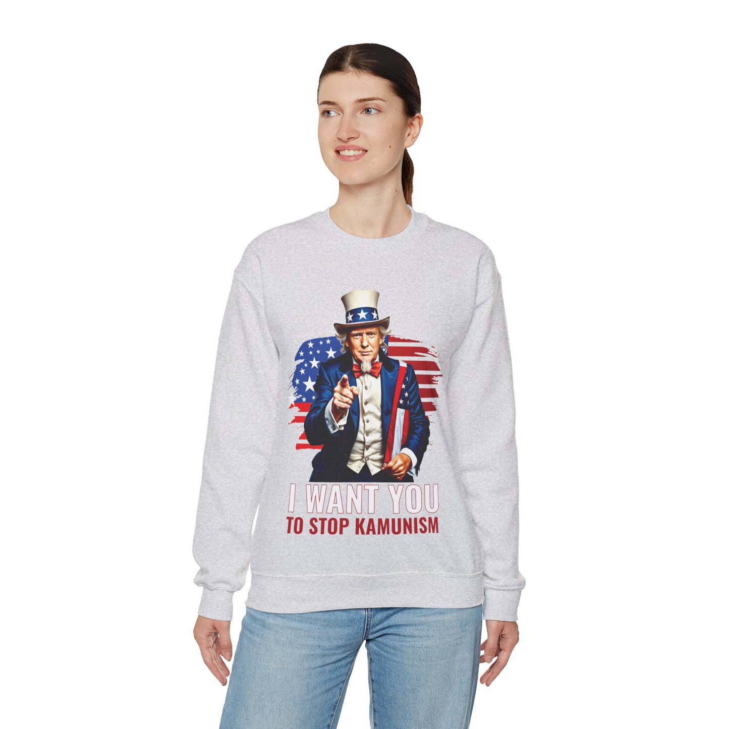 Uncle Trump "I Want You, To Stop Kamunism" Crewneck Sweatshirt (Unisex) - Patriotic 2024 Election Apparel