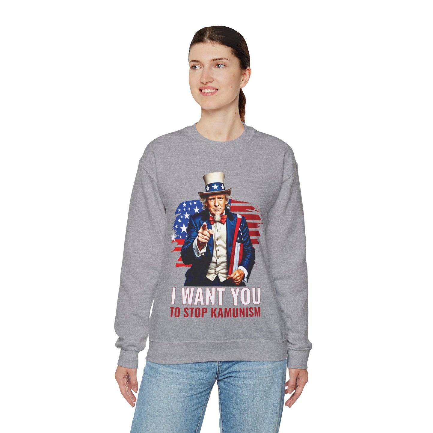 Uncle Trump "I Want You, To Stop Kamunism" Crewneck Sweatshirt (Unisex) - Patriotic 2024 Election Apparel