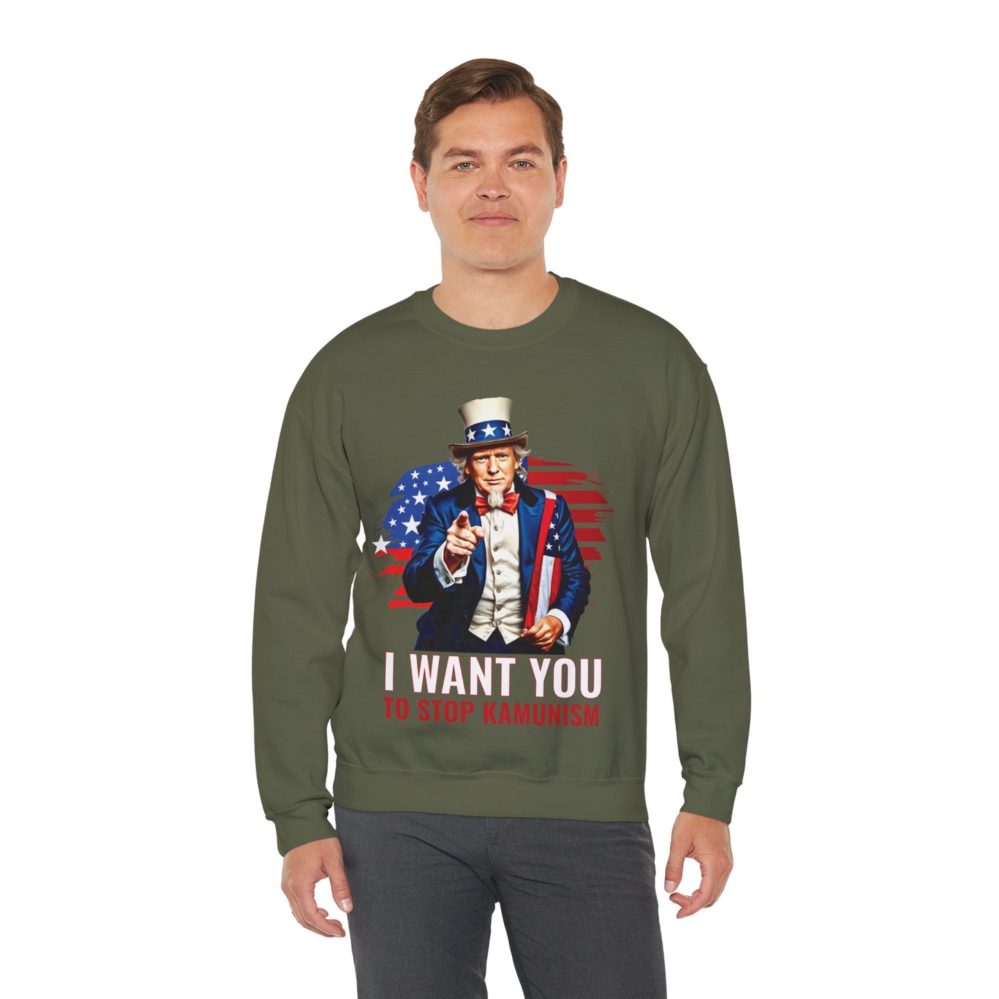 Uncle Trump "I Want You, To Stop Kamunism" Crewneck Sweatshirt (Unisex) - Patriotic 2024 Election Apparel